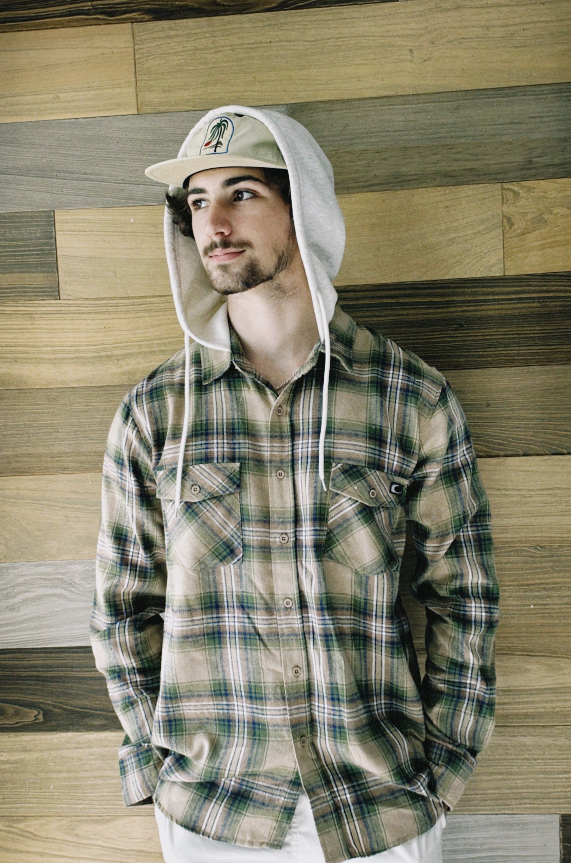 Midlands Hooded Plaid Button Up Tan